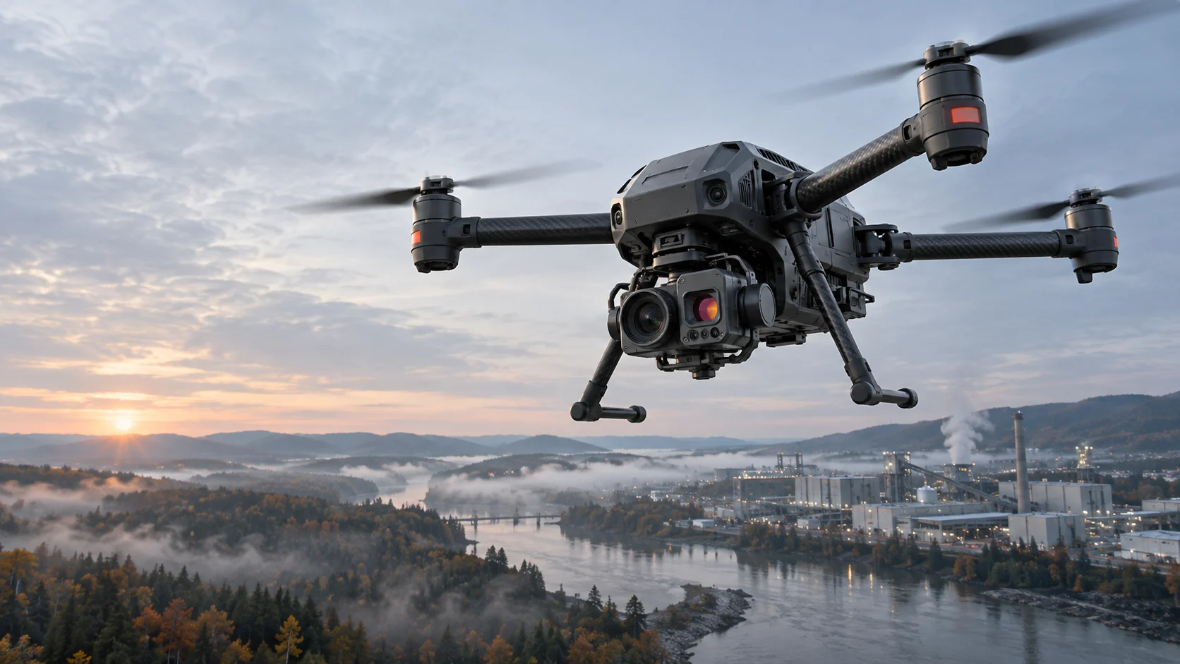 Drone d’inspection à double capteur au-dessus d’un site industriel au lever du jour