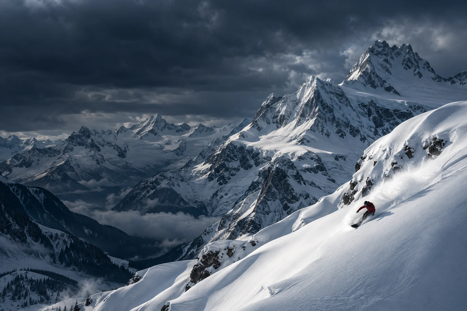 Une silhouette en rouge trace une courbe dans la poudreuse, sous de grandes crêtes alpines.