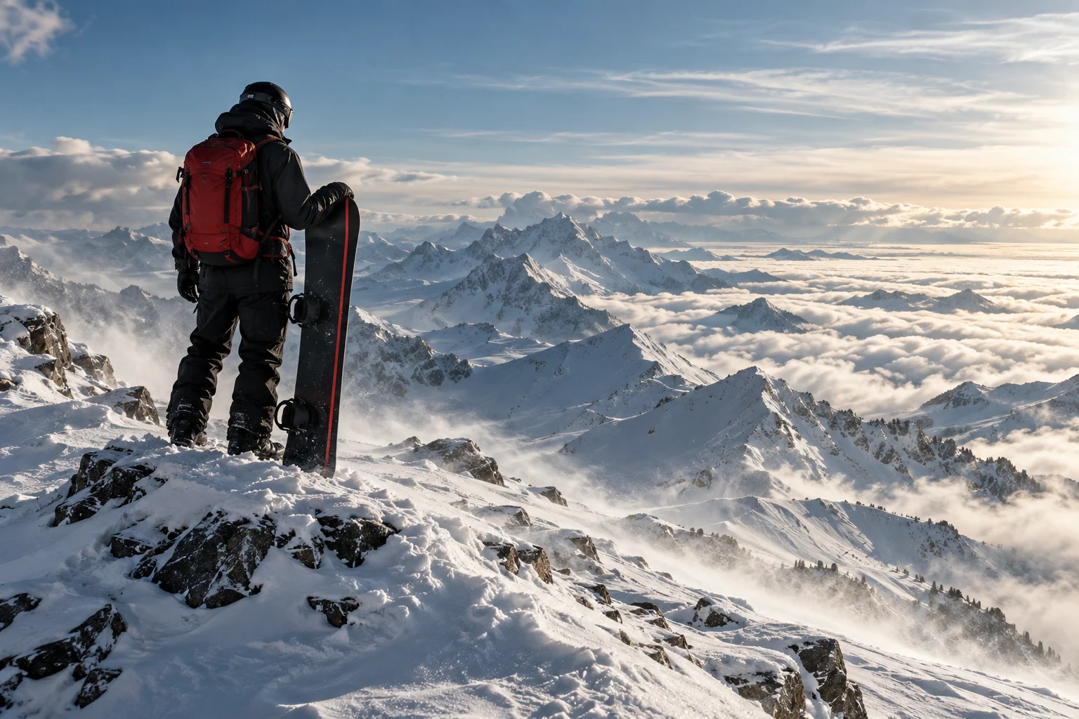 Un snowboardeur à la crête, planche noire et rouge à la main, regarde les montagnes au-dessus des nuages.