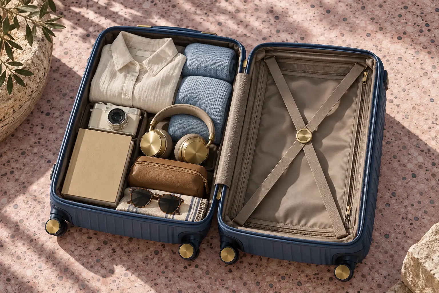 Une valise denim ouverte contenant une chemise en lin, un appareil photo, un livre et des accessoires soigneusement rangés