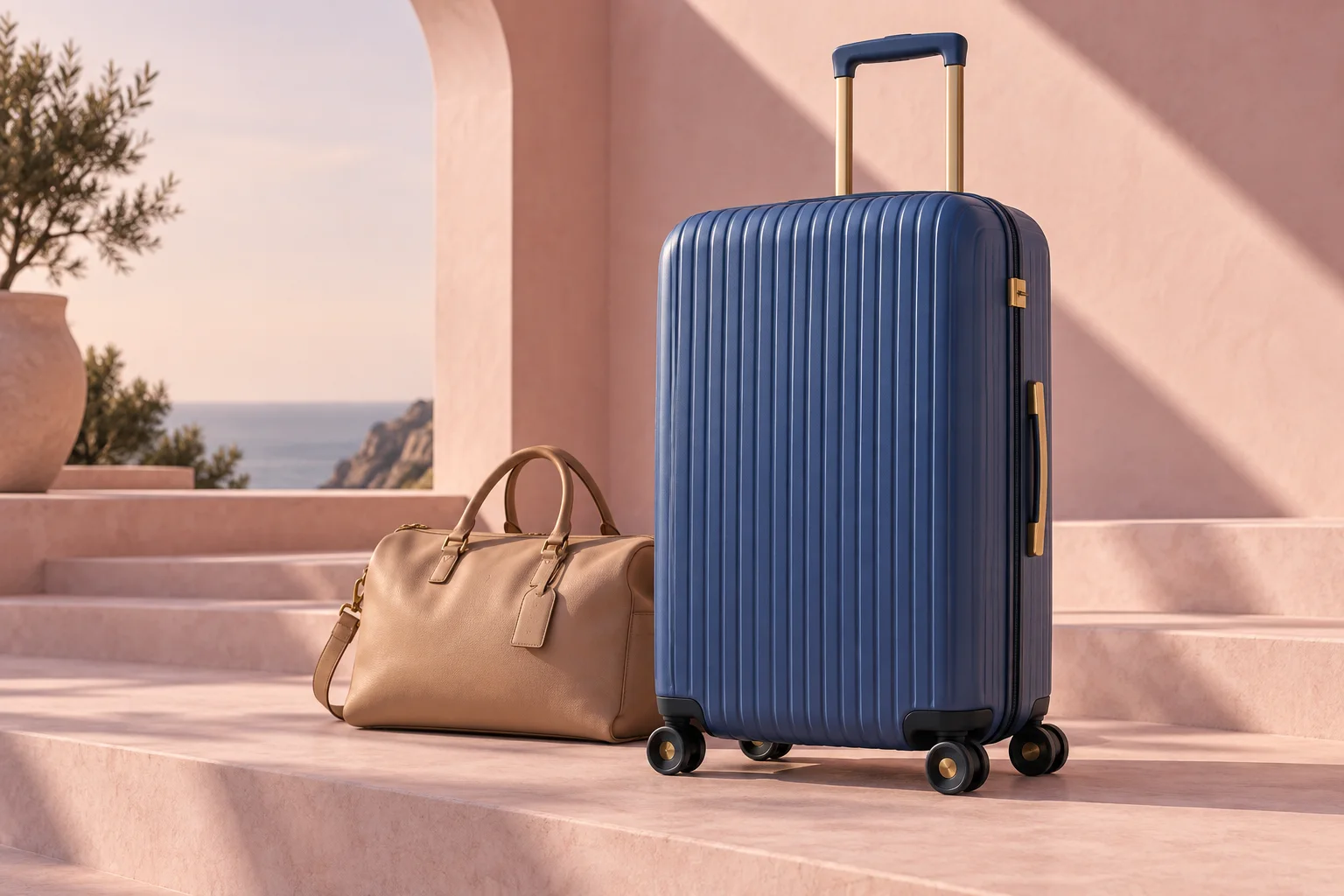 Valise cabine bleu denim et sac de voyage sur des marches rose poudré, sous le soleil