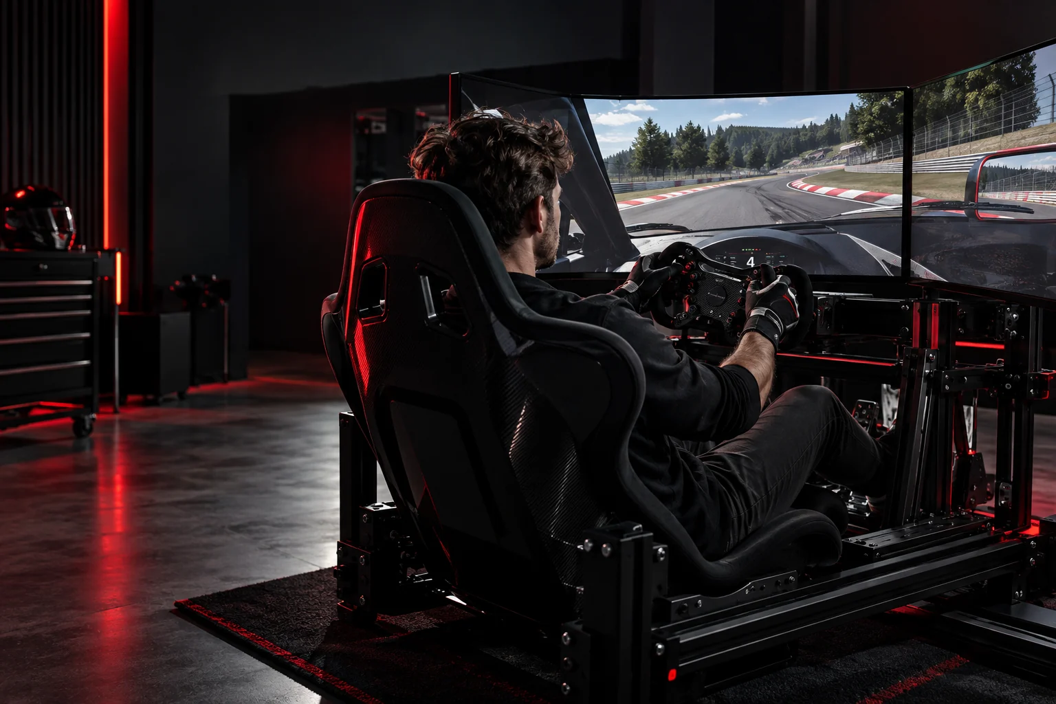 Pilote installé dans son simulateur face au circuit, dans un studio sombre