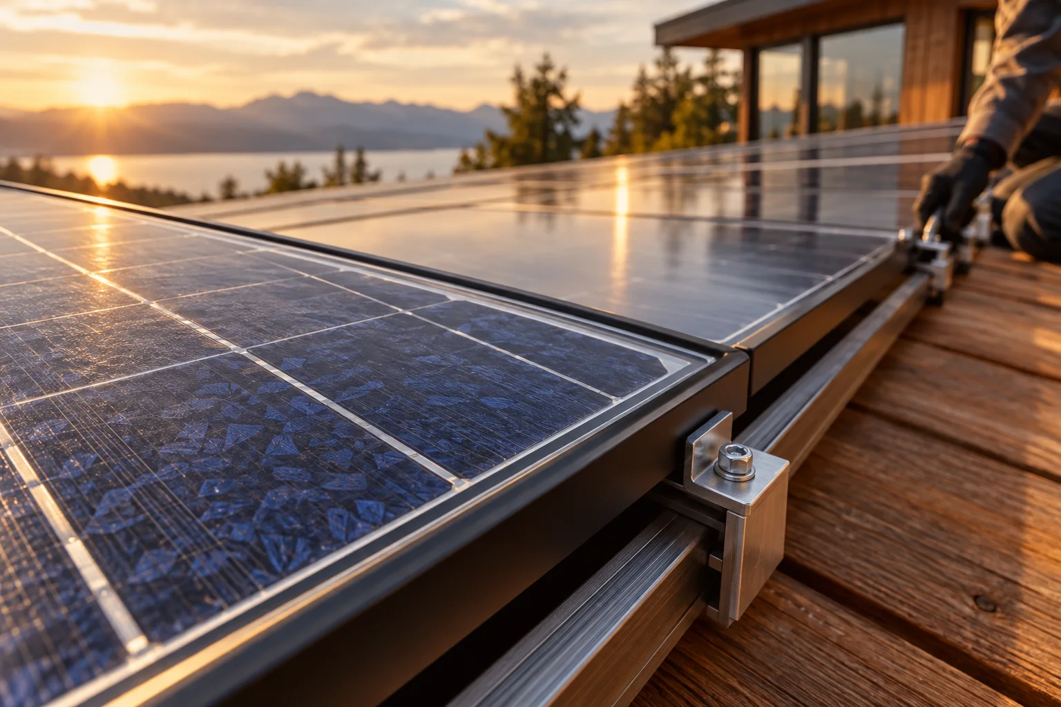 Détail des cellules photovoltaïques et d’une fixation métallique dans une lumière chaude