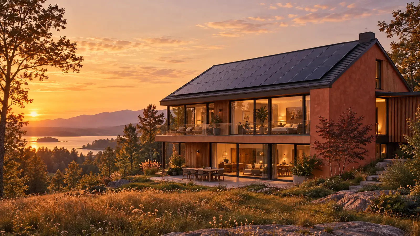 Maison contemporaine au toit couvert de panneaux photovoltaïques, dans la lumière dorée du soir