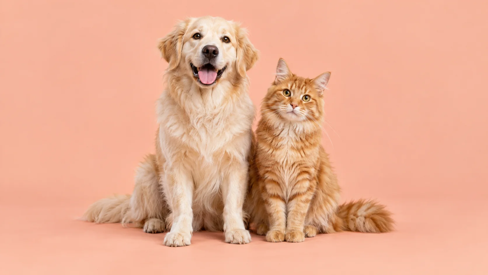 Un chien crème et un chat roux côte à côte sur un fond pêche
