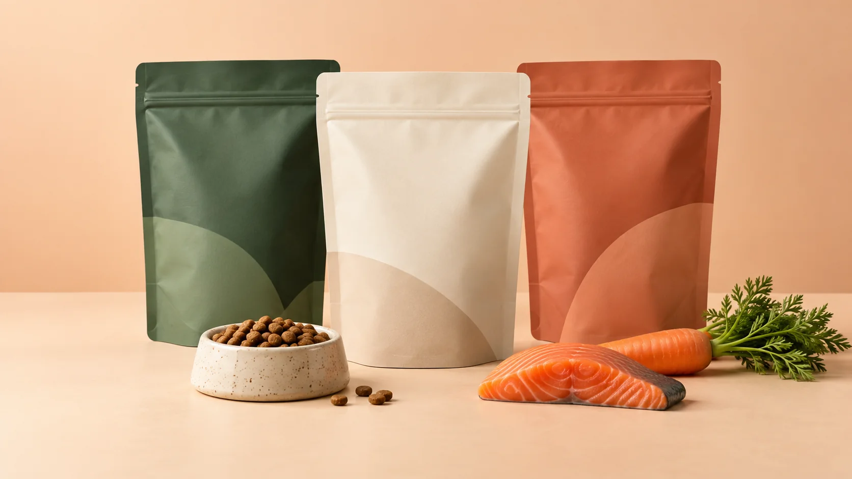 Trois sachets vert forêt, crème et terracotta accompagnés d’ingrédients