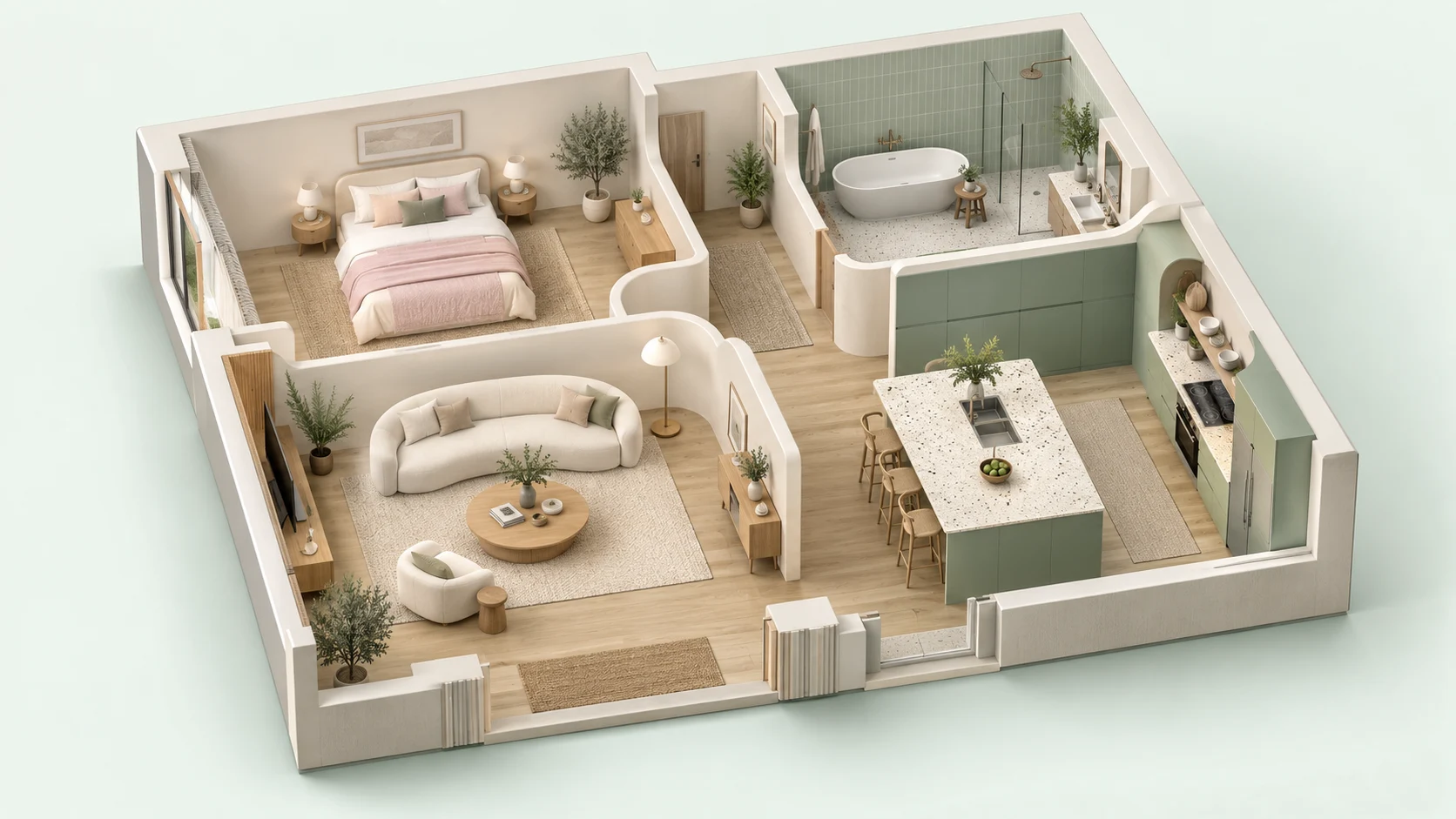 Appartement en coupe avec salon, cuisine, chambre et salle de bain