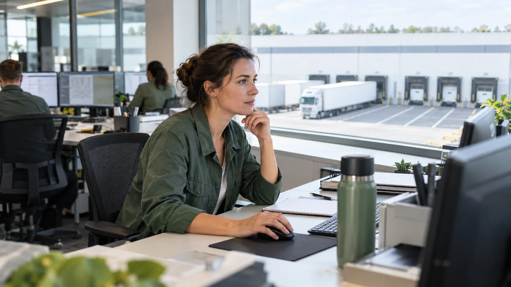 Une responsable logistique observe les opérations depuis la salle de répartition