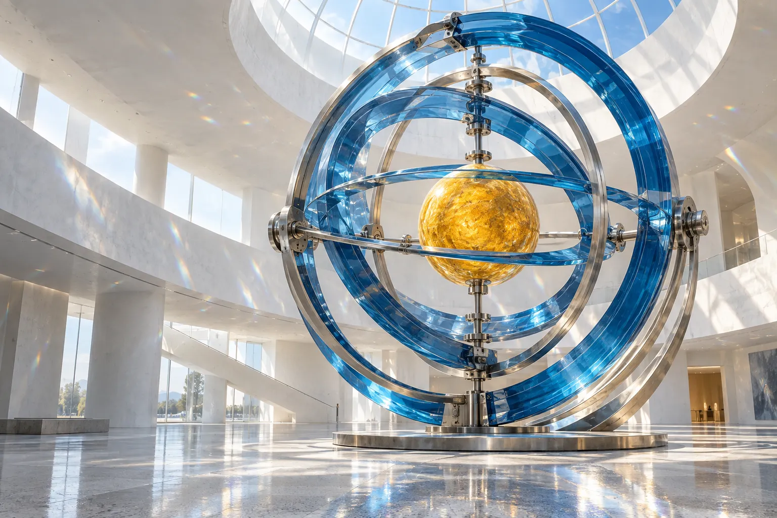 Un gyroscope monumental en verre bleu entoure une sphère dorée dans l’atrium du musée
