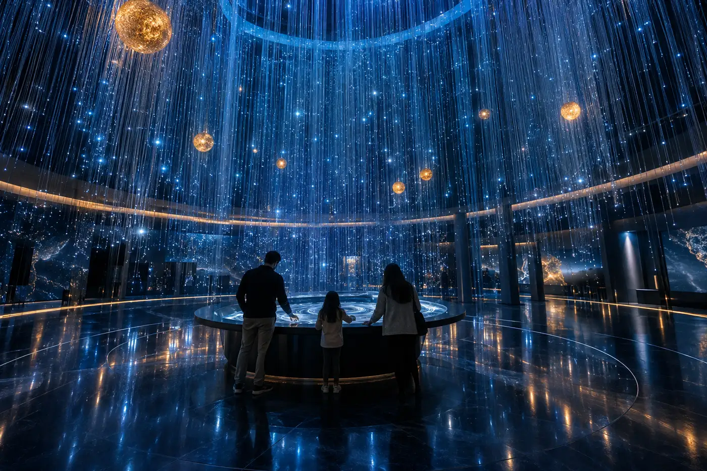 Des visiteurs découvrent une installation immersive de fibres lumineuses bleues
