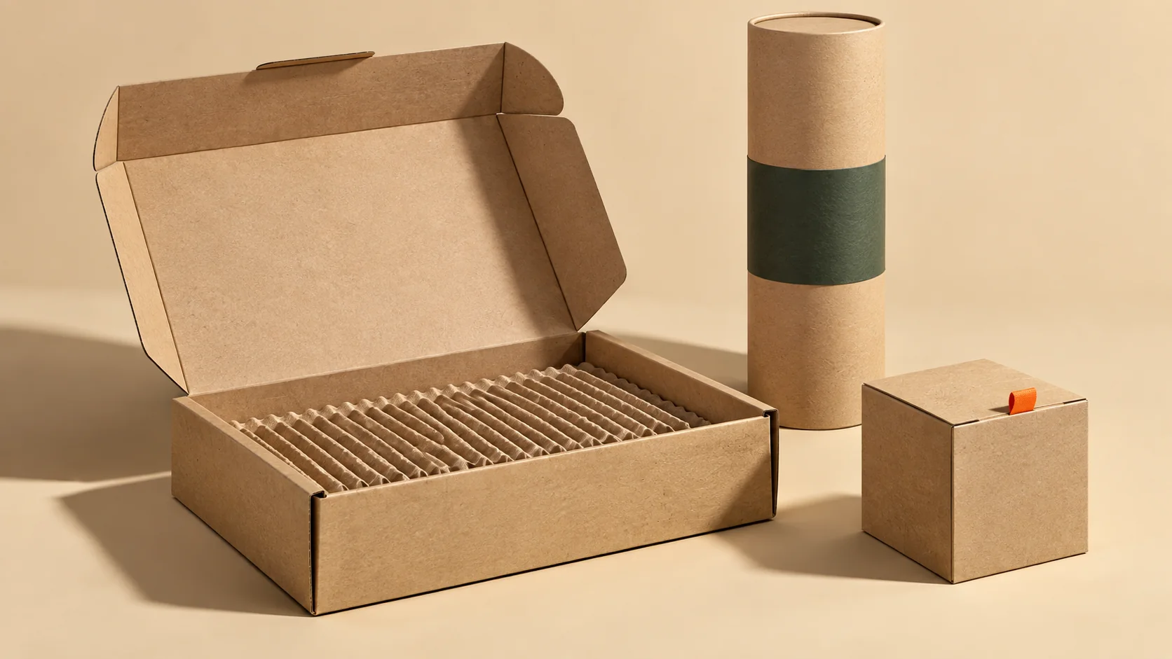 Boîte d’expédition en carton kraft, tube papier et petit coffret avec languette orange