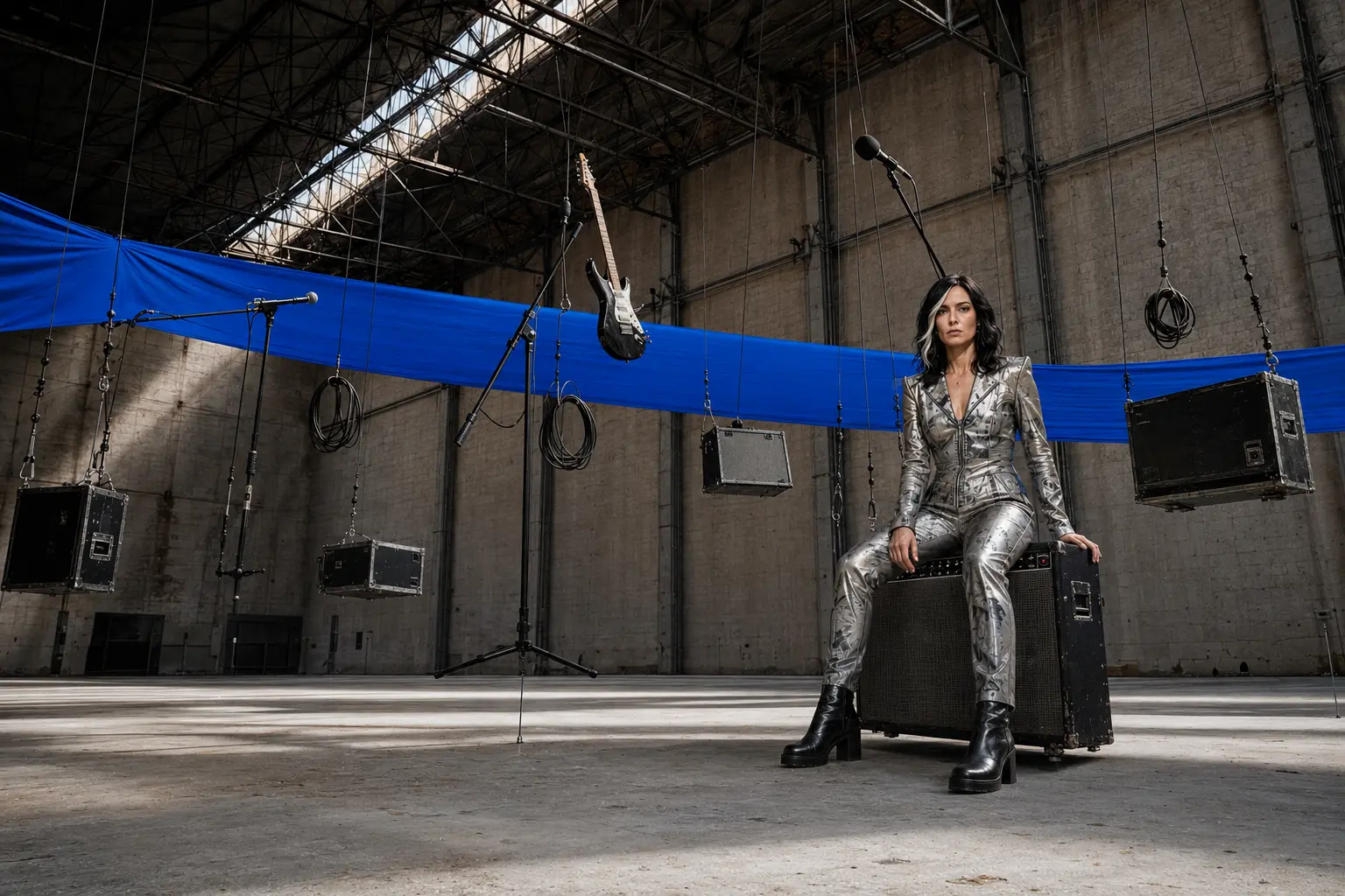 VANTA en répétition dans un hangar rempli d’instruments et de câbles suspendus