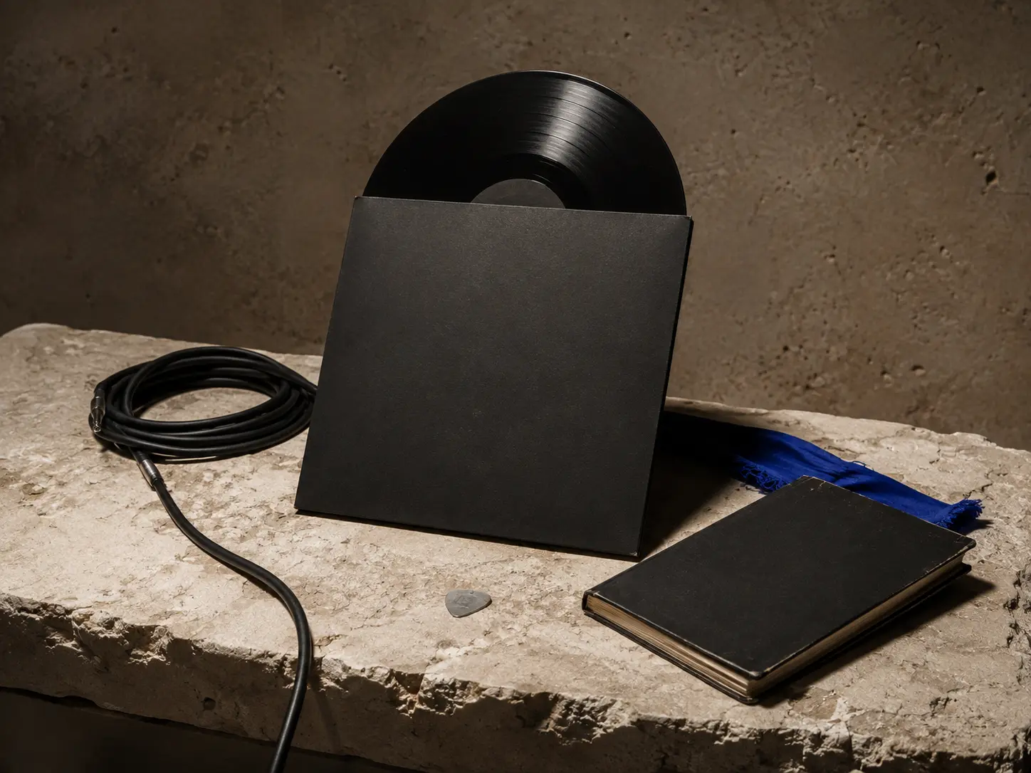 Vinyle noir de Point fixe, carnet et câble posés sur une dalle de pierre